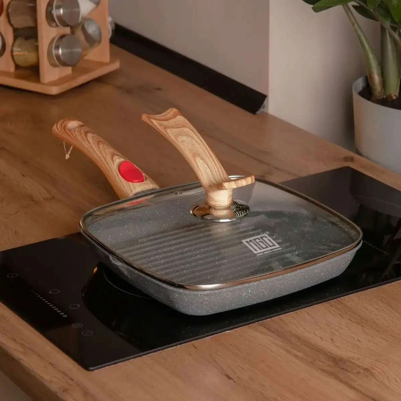 Алюмінієва сковорода-гриль 24 см зі скляною кришкою Квадрат сірий MGC HP-4-461G