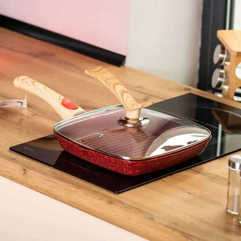 Алюмінієва сковорода-гриль 24 см зі скляною кришкою Square Red MGC HP-4-461R