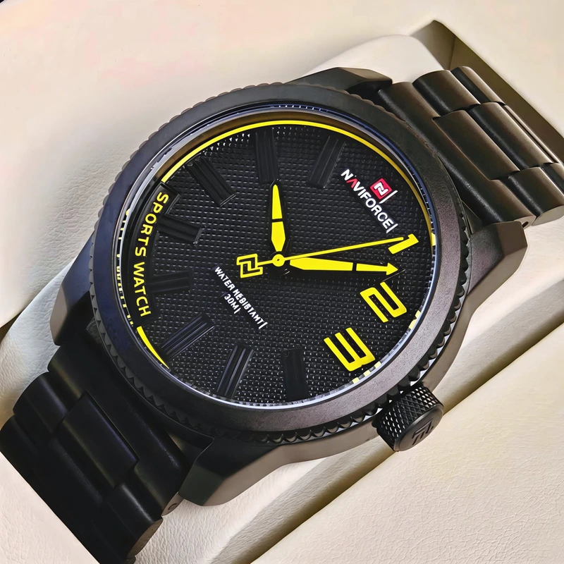 Чоловічий спортивний годинник Naviforce Kvantum Black Steel, 2 ремінці