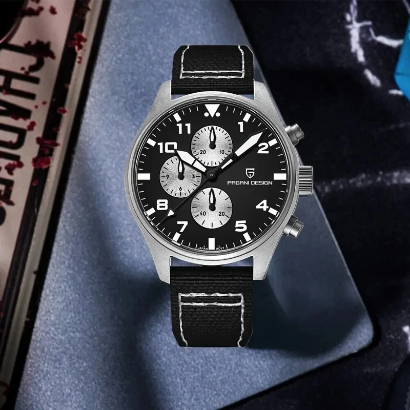 Чоловічий годинник Pagani Design PD-1703 Silver-Black з сапфіровим склом та хронографом SEIKO VK67
