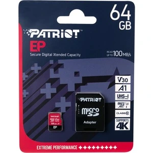 Карта пам'яті microSDXC (UHS-1 U3) Patriot EP Series 64Gb class 10 V30 (R-100MB/s, W-80MB/s) (adapter SD)