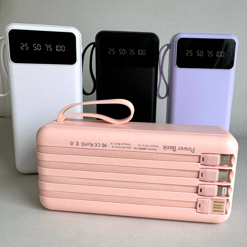 Power Bank Intelligent Fast з кабелем USB+Micro+Type-C+Lightning (30000mAh) Рожевий