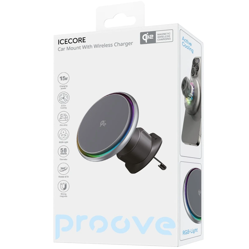Автомобільний тримач з Бездротовим ЗП Proove IceCore Qi2 15W gray