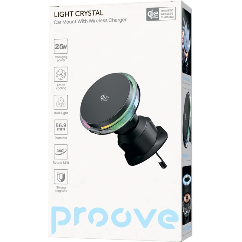 Автомобільний тримач з Бездротовим ЗП Proove Light Crystal Qi2.2 25W gray
