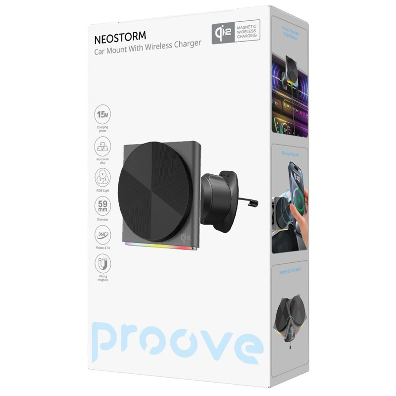Автомобільний тримач з Бездротовим ЗП Proove Neostorm Qi2 15W gray