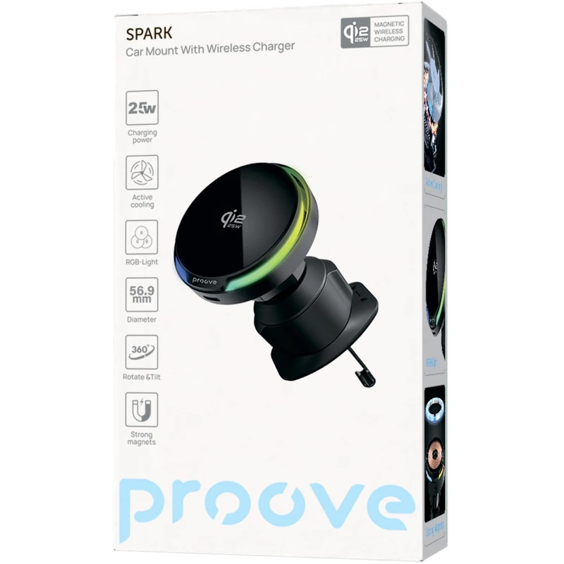Автомобільний тримач з Бездротовим ЗП Proove Spark Qi2.2 25W black
