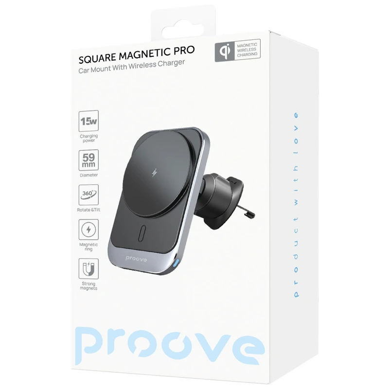 Автомобільний тримач з Бездротовим ЗП Proove Square Magnetic Pro 15W metal gray