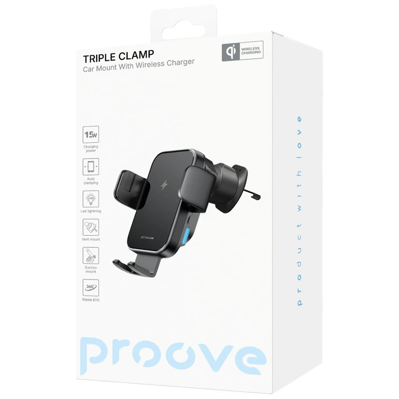 Автомобільний тримач з Бездротовим ЗП Proove Triple Clamp 15W black