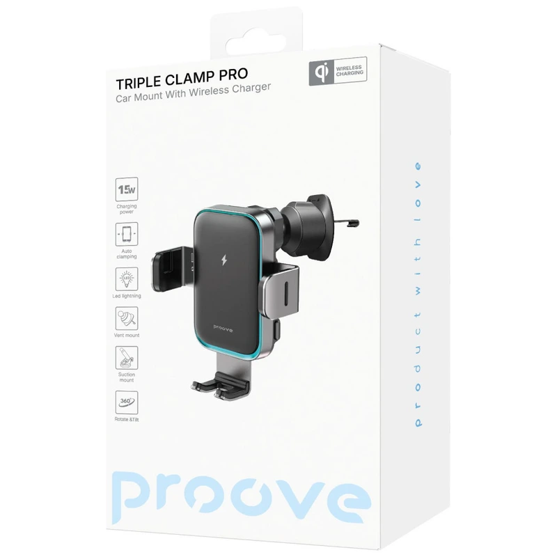 Автомобільний тримач з Бездротовим ЗП Proove Triple Clamp Pro 15W metal gray