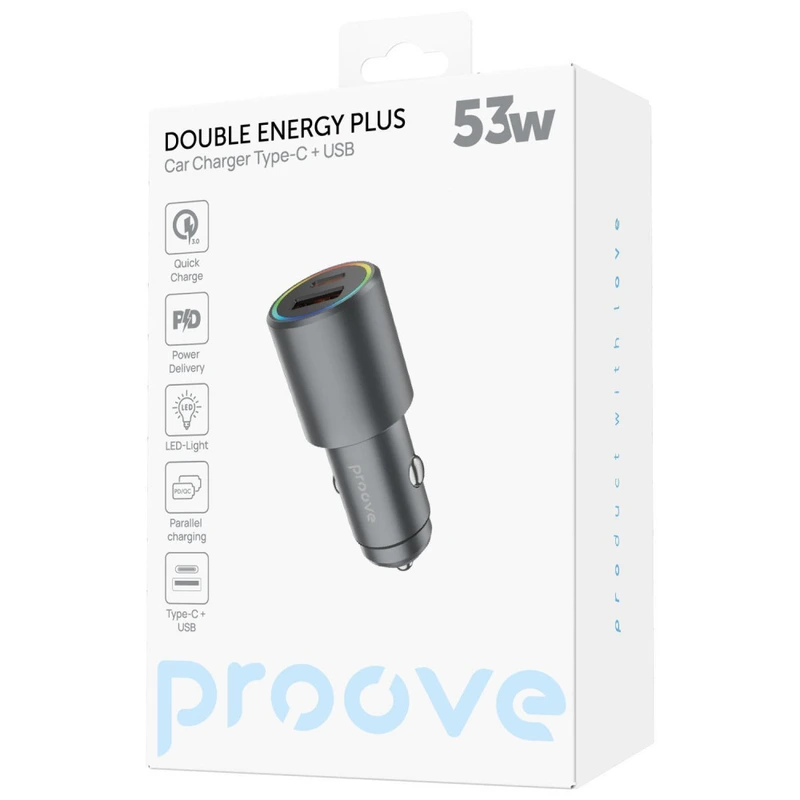 АЗП Proove Double Energy Plus 53W (USB + Type-C) metal gray