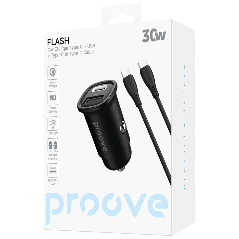 АЗП Proove Flash 30W (Type-C + USB) + Cable Type-C to Type-C black