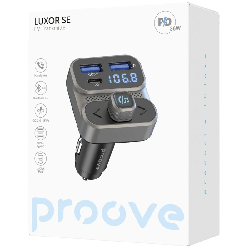АЗП Proove FM Launcher Luxor SE 36W (PD+QC3.0) Type-C+USB gray