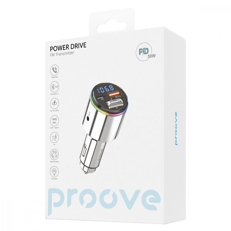 АЗП Proove FM Launcher Power Drive 30W (PD+QC3.0) Type-C+USB+AUX silver