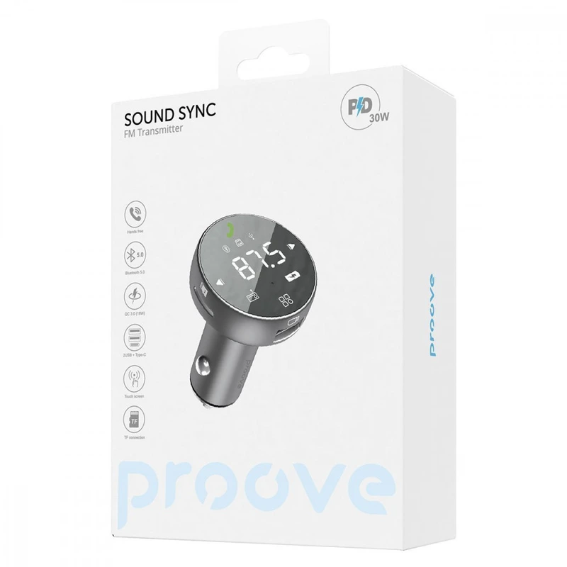 АЗП Proove FM Launcher Sound Sync 30W (PD+QC3.0) Type-C+USB gray