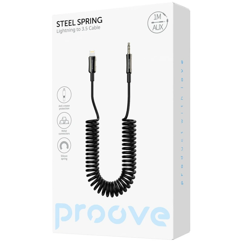 Кабель AUX Proove Steel Spring Lightning to 3.5 (1m) black