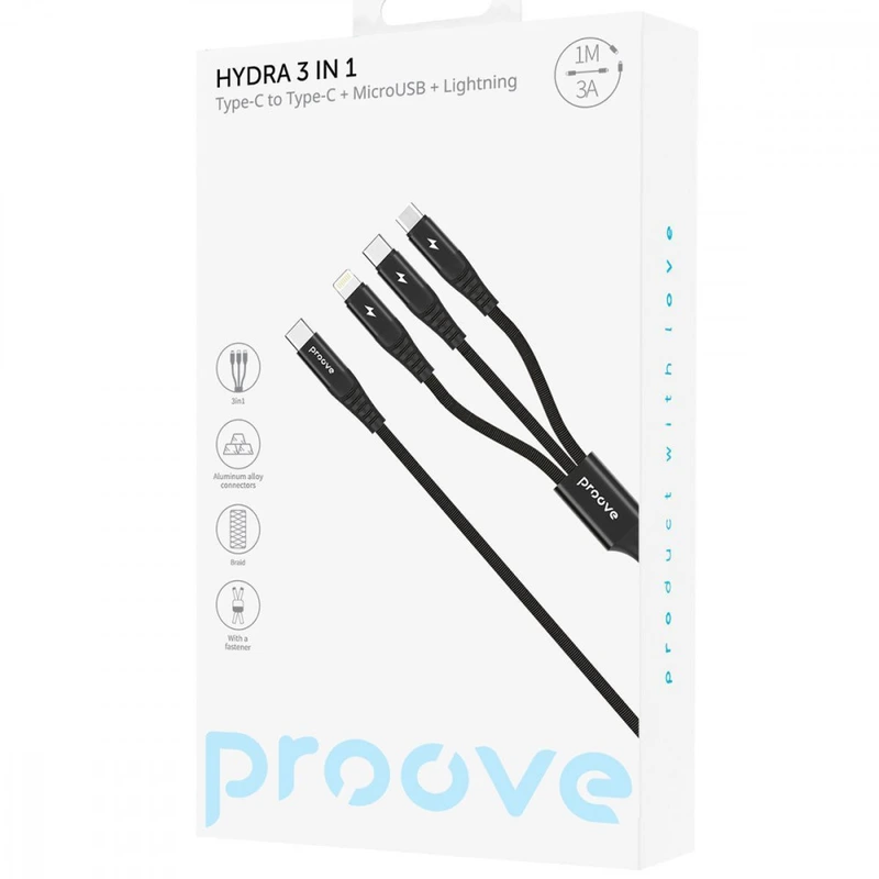 Кабель Proove Hydra 3 in1 Type-C + Micro USB + Lightning (1m) black
