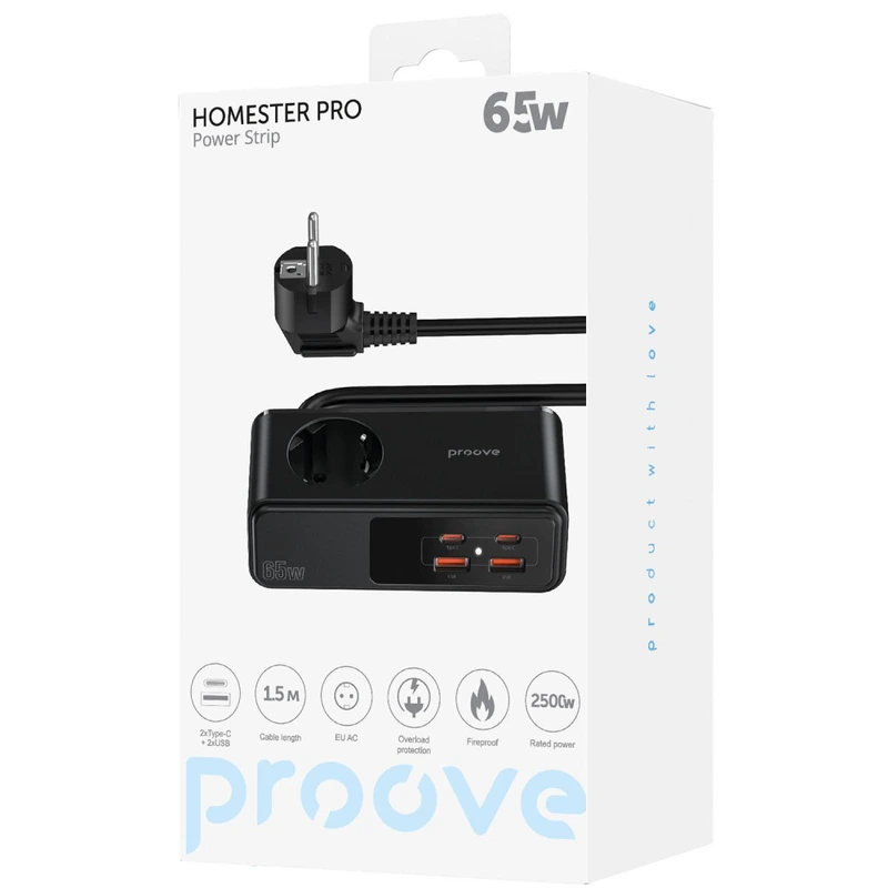 Мережевий фільтр Proove Homester Pro 65W (AC + 2xType-C + 2xUSB) 1.5m black