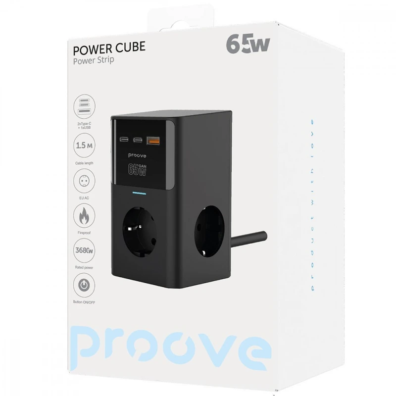 Мережевий фільтр Proove Power Cube 65W (3xAC + 2xType-C + 1xUSB) 1.5m black