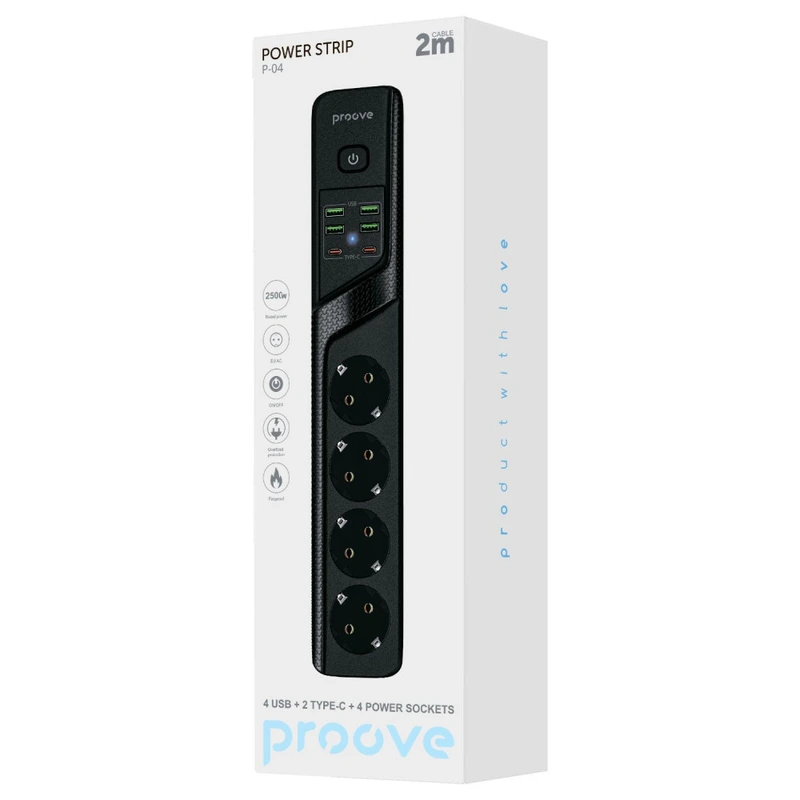 Мережевий фільтр Proove Power Strip P-04 (4 розетки + 4 USB + 2 Type-C) 2М black