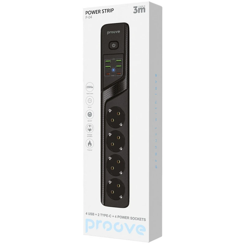 Мережевий фільтр Proove Power Strip P-04 (4 розетки + 4 USB + 2 Type-C) 3M black