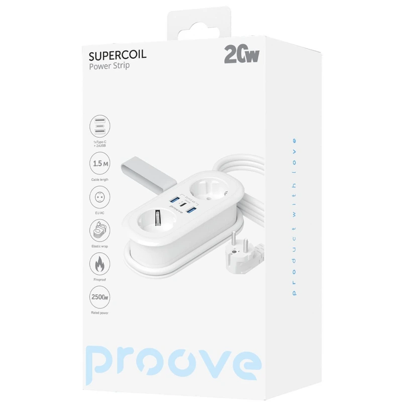 Мережевий фільтр Proove Supercoil 20W (2xAC + Type-C + 2xSB) 1.5m white