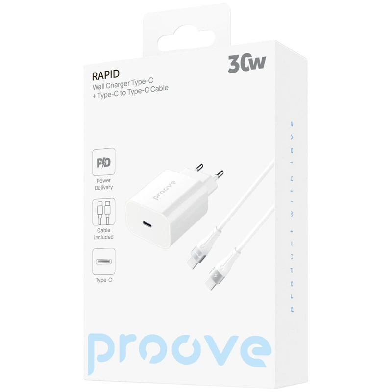 МЗП Proove Rapid 30W (Type-C) + Кабель Type-C to Type-C white
