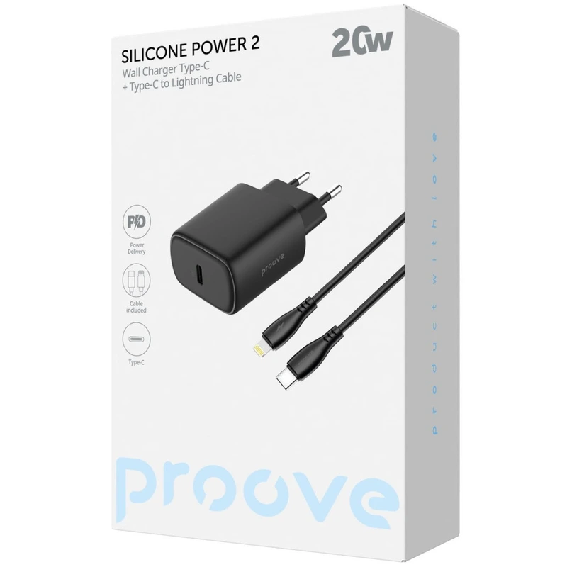 МЗП Proove Silicone Power 2 20W (Type-C) + Кабель Type-C to Lightning (1m) black