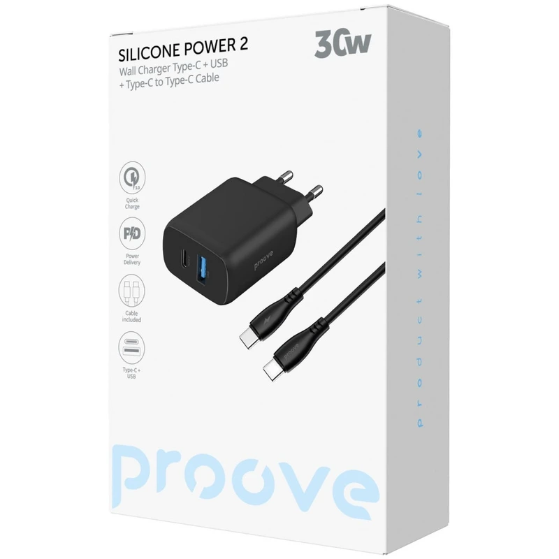 МЗП Proove Silicone Power 2 30W (Type-C + USB) +  КабельType-C to Type-C (1m) white