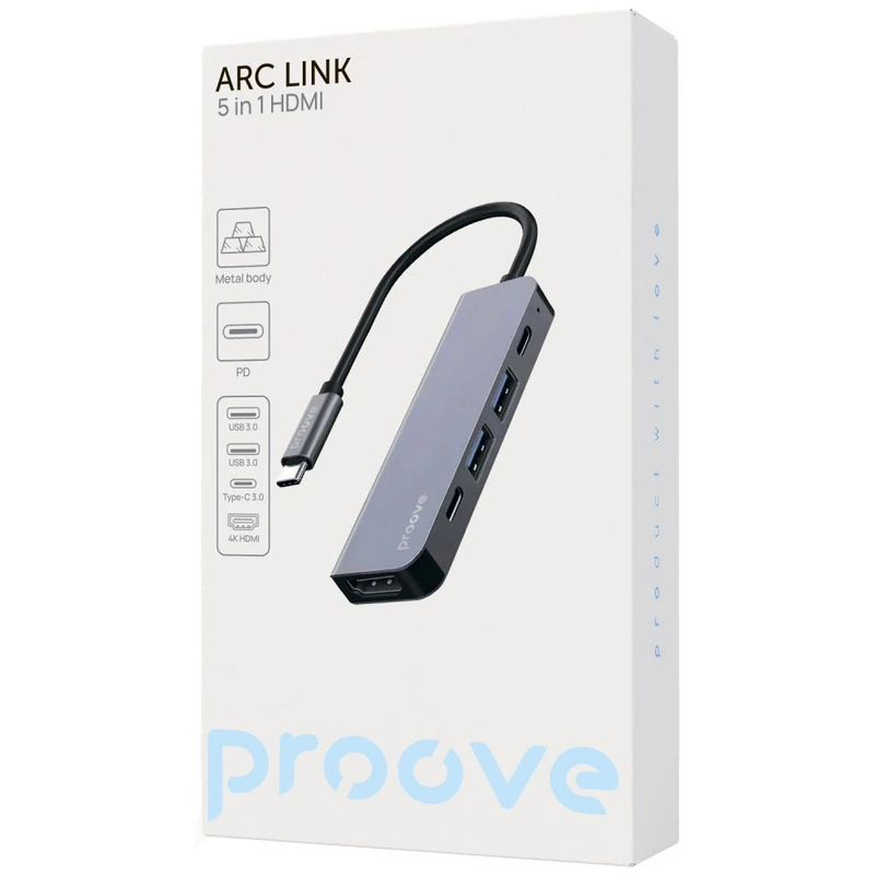 Type-C-Хаб Proove Arc Link 5 in 1 (2*Type-C3.0 + 2*USB3.0 + HDMI) silver