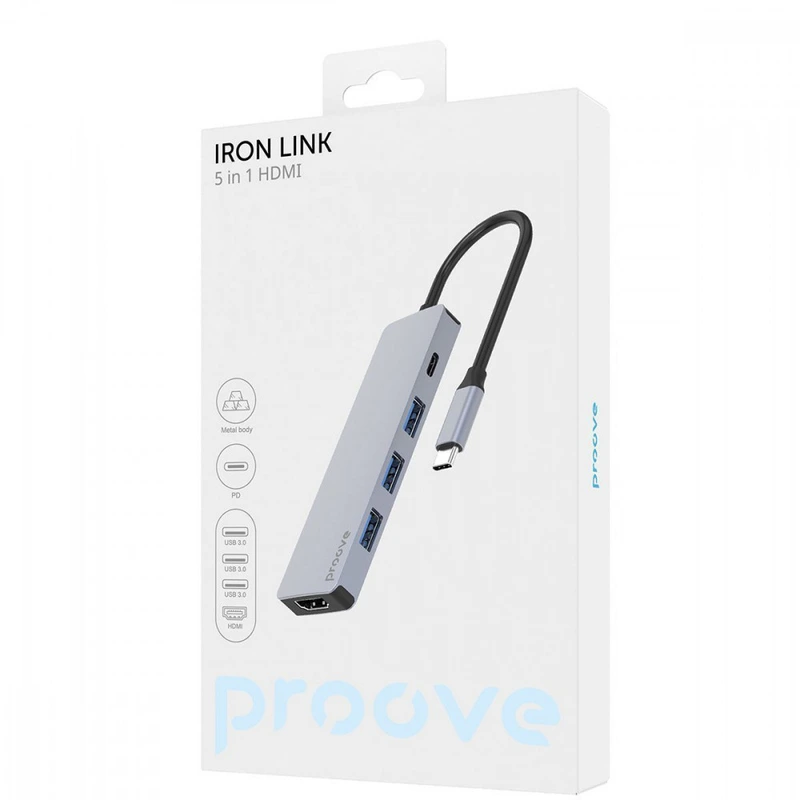 Type-C-Хаб Proove Iron Link 5 in 1 (3*USB3.0 + Type C + HDMI) silver