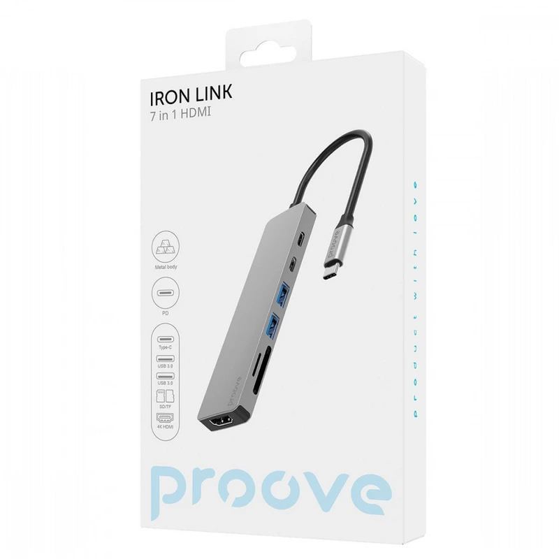 Type-C-Хаб Proove Iron Link 7 in 1 (2*Type-C + 2*USB3.0 + HDMI + SD/TF) silver