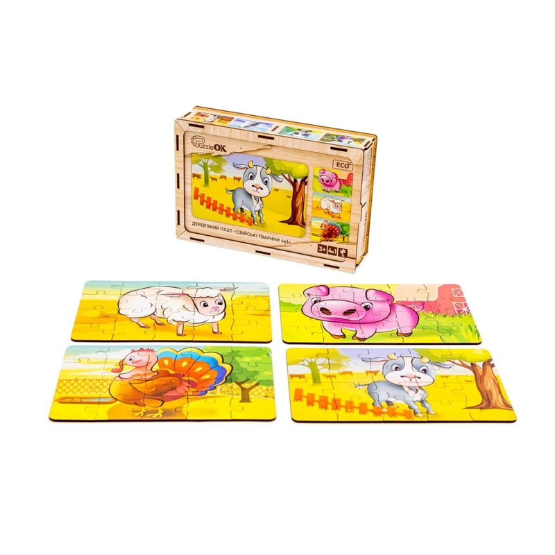 Дерев’яний дитячий пазл 4в1 "Свійські тварини" Puz-75595, 80 елементів