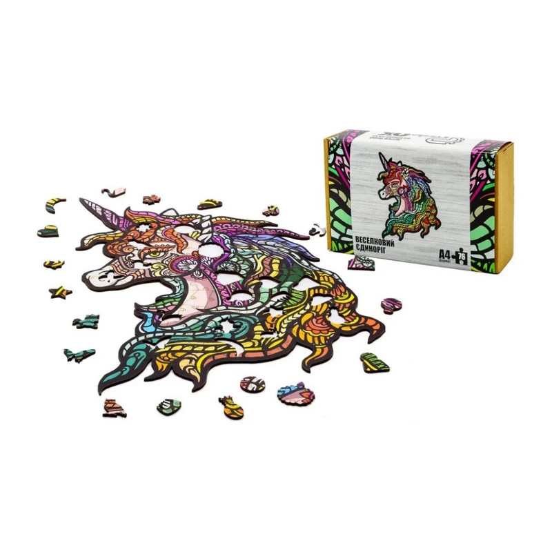 Фігурний деревяний пазл A4 Веселковий Єдиноріг PuzA4-00701, 76 деталей