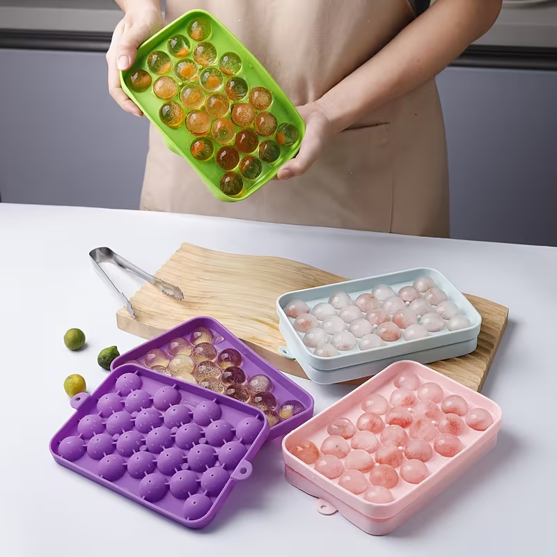 Силіконова форма для льоду із кришкою, 25 кульок, для коктейлів та напоїв, фіолетовийй
