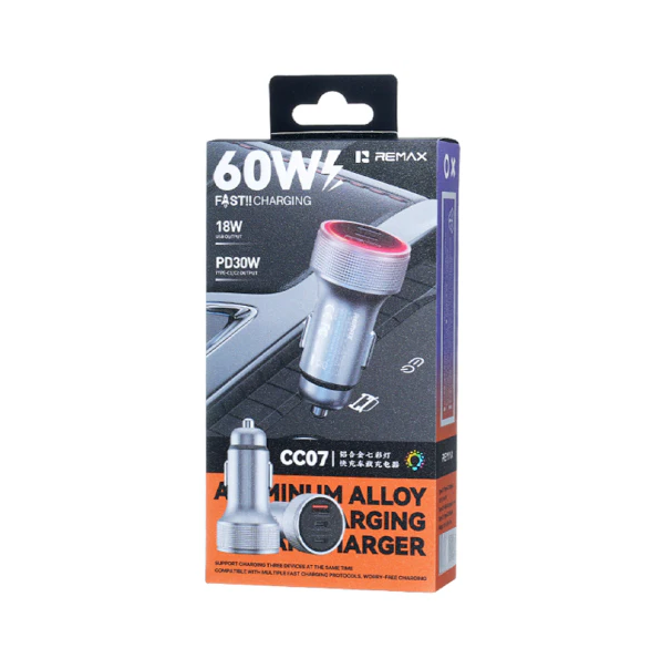 Автомобільний зарядний пристрій REMAX 60W Aluminum Alloy Colorful Light Fast Charging Car Charger CC07 Tarnish