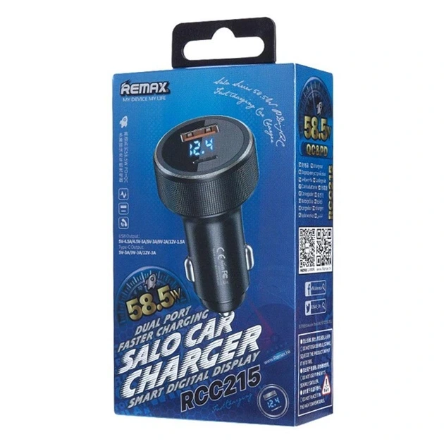 Автомобільний зарядний пристрій REMAX Salo Series 58.5W PD+QC 1A+1C Fast Charging Car Charger RCC215 Black