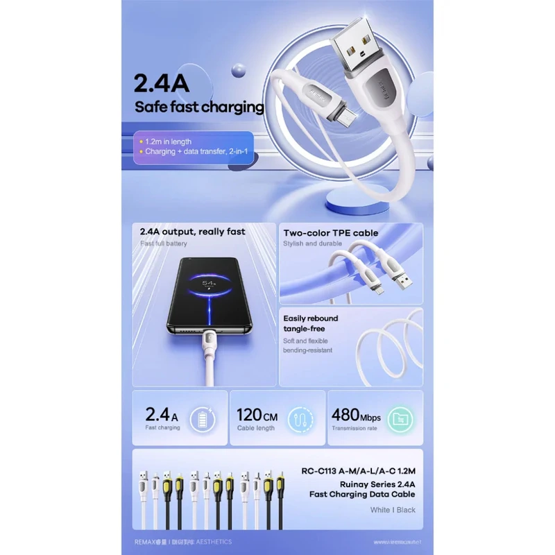 Кабель REMAX Ruinay Series 2.4A Fast Charging Data Cable 1M RC-C113  A-C-Black