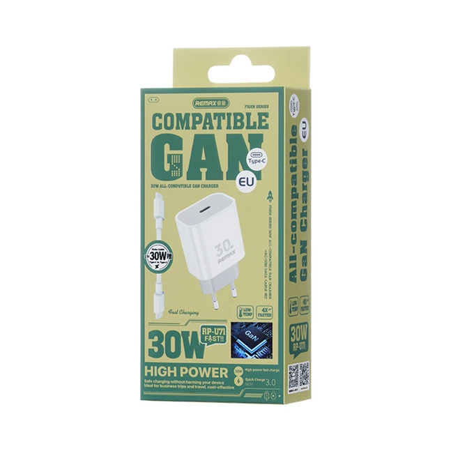 Мережевий зарядний пристрій з кабелем REMAX Figen Series 30W All-compatible GaN Charger+ RC-CO21 Data Cable Set  RP-U71 EU-White