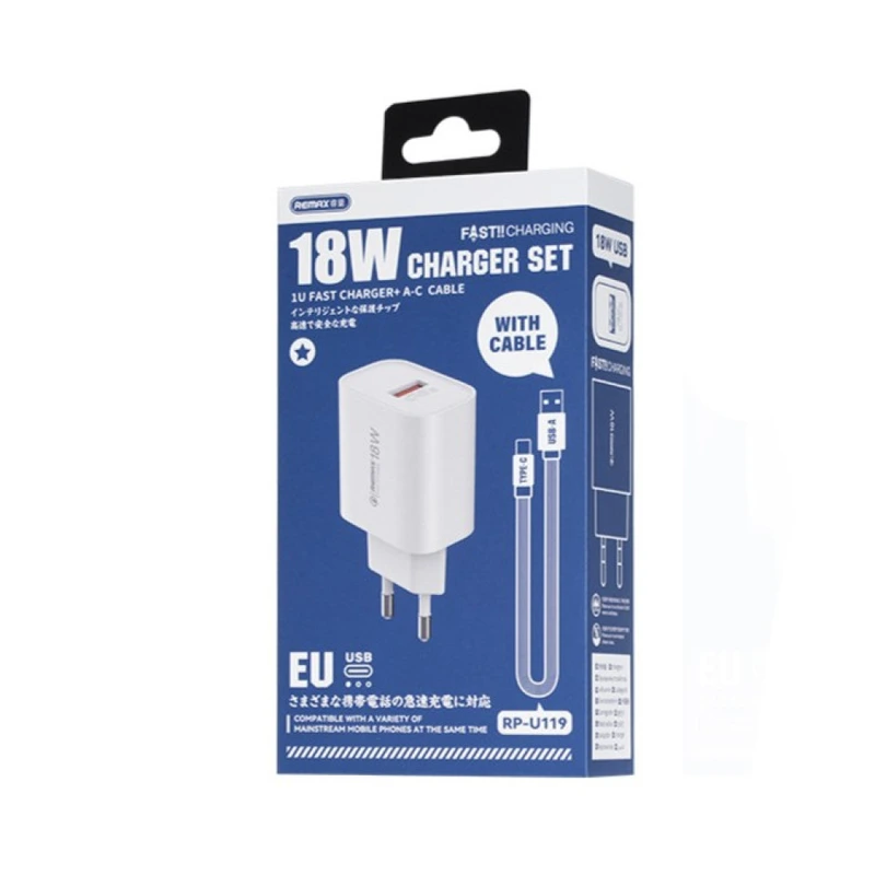 Мережевий зарядний пристрій з кабелем REMAX Kiddy 18W Charger+ Cable Set RP-U119  EU-A-C