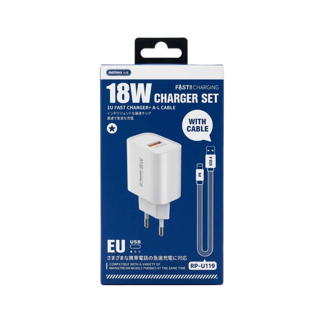 Мережевий зарядний пристрій з кабелем REMAX Kiddy 18W Charger+ Cable Set  RP-U119 EU-A-L