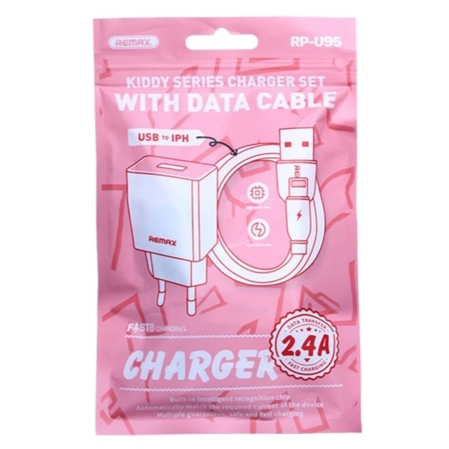 Мережевий зарядний пристрій з кабелем REMAX Kiddy Series 2.4A RP-Charger Set with Cable U95 IPH