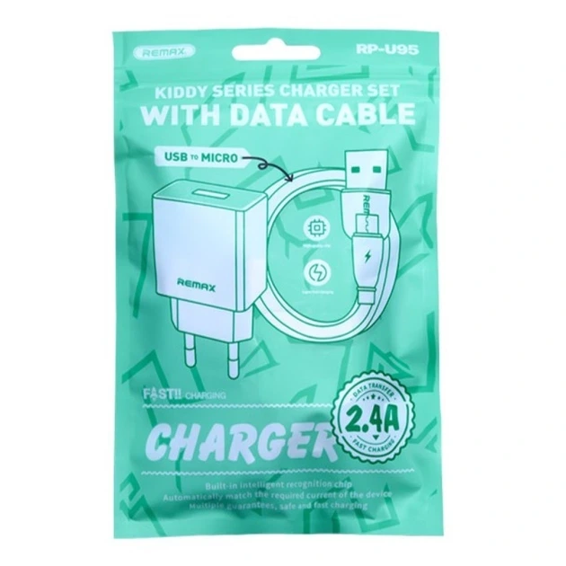 Мережевий зарядний пристрій з кабелем REMAX Kiddy Series 2.4A RP-Charger Set with Cable U95 Micro
