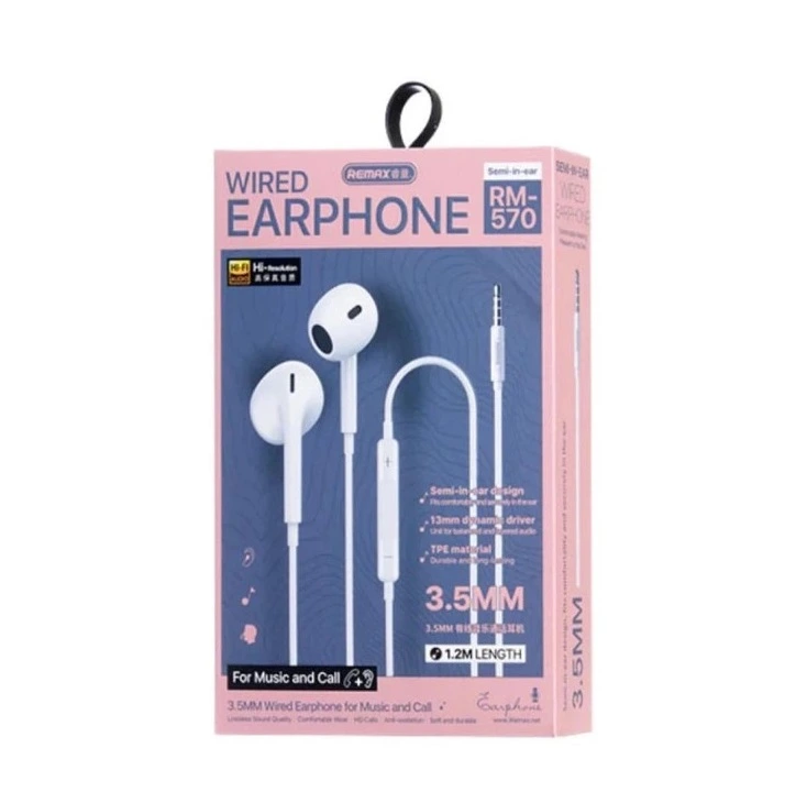 Навушники дротові REMAX Wired Earphones for Music and Call  RM-570/a/i (3.5mm) White