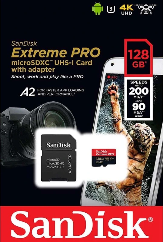 Карта пам'яті microSDXC (UHS-1 U3) SanDisk Extreme Pro A2 128Gb class 10 V30 (R200MB/s,W90MB/s) (adapter)