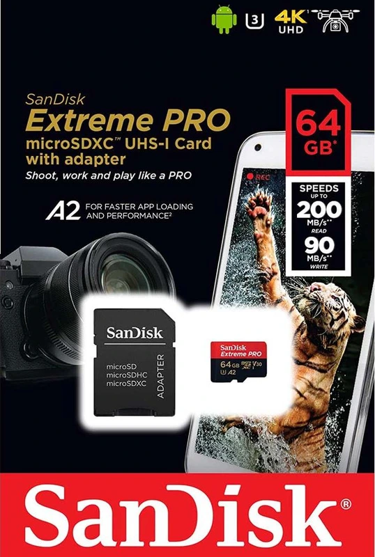 Карта пам'яті microSDXC (UHS-1 U3) SanDisk Extreme Pro A2 64Gb class 10 V30 (R200MB/s,W90MB/s) (adapter)