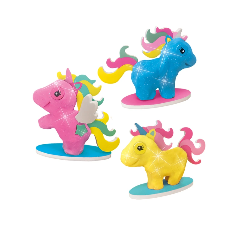 Незасихаюча маса для ліплення - ЄДИНОРOГИ (3 кольори з блискітками, в пластикових баночках, аксесуари)