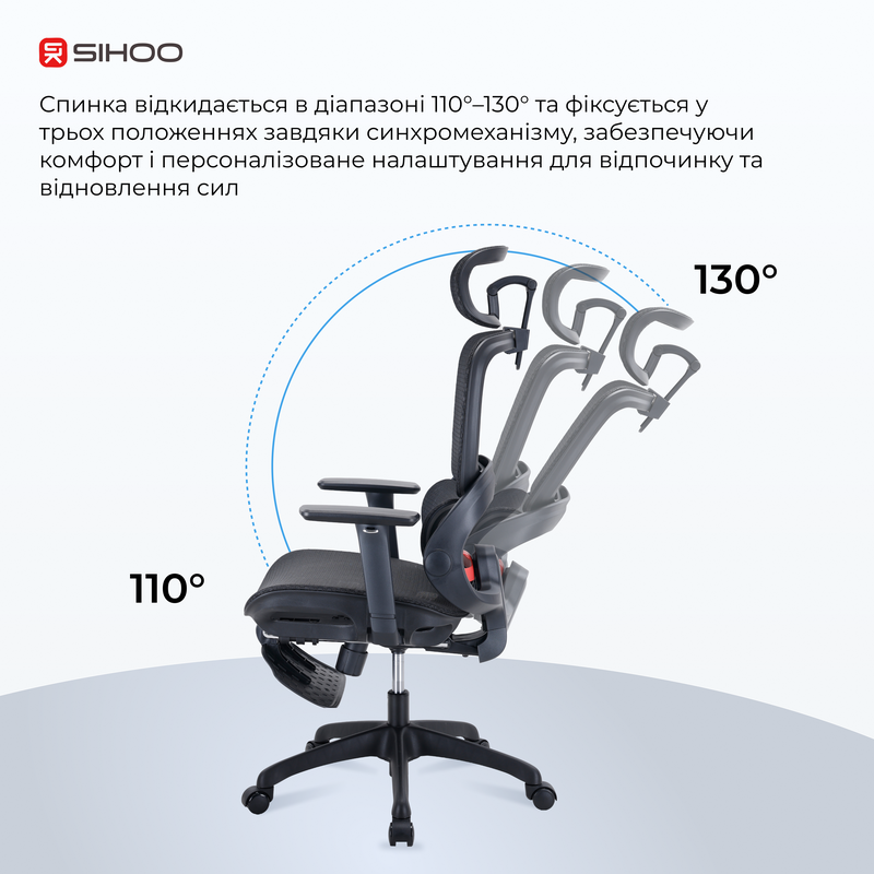 Крісло ергономічне офісне Sihoo B100 Mesh White з підставкою для ніг — фото 11