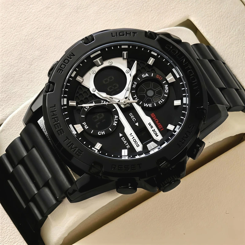 Чоловічий спортивний тактичний годинник Skmei Favourite Black Steel, 2 ремінці