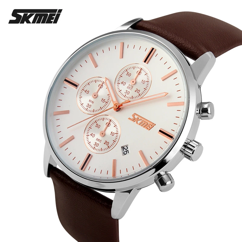 Чоловічий класичний годинник Skmei 9103WTBN White-Brown з хронографом та календарем — фото 3