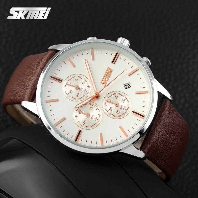Чоловічий класичний годинник Skmei 9103WTBN White-Brown з хронографом та календарем — фото 4